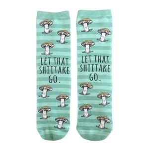 Let That Shitake Go Socks Mushroom Novelty Unisex Pun Green Stripe One Size NWT‎
